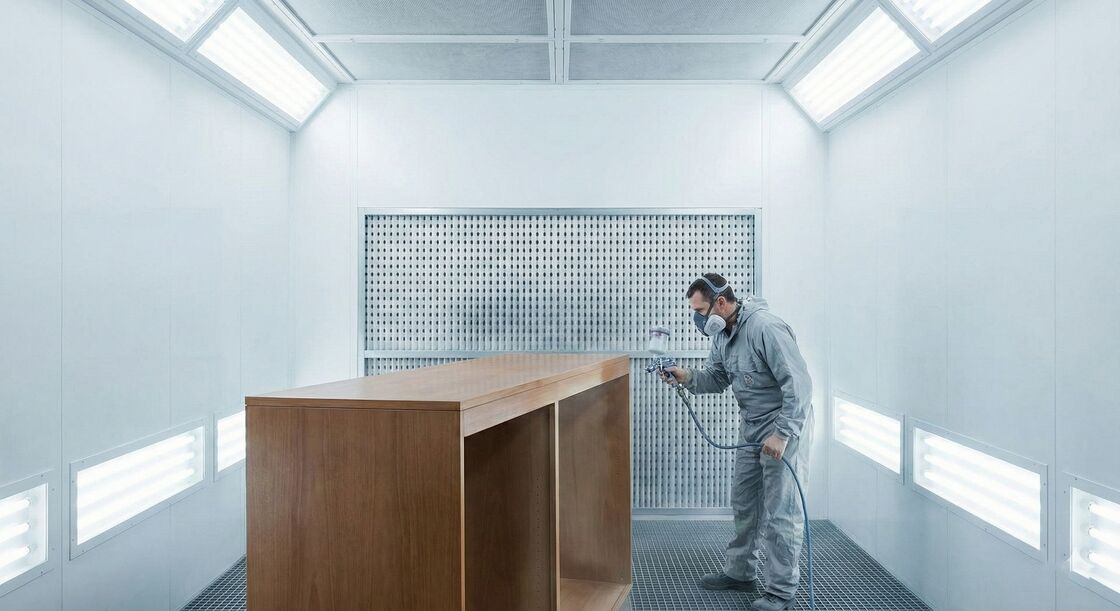 Ergonomic Open-Face Dry Filter Spray Painting & Finishing Booth specifically designed for the Furniture & Woodworking Sectors
